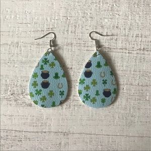 Green Blue St. Patrick’s Day Irish Faux Leather Teardrop Earrings